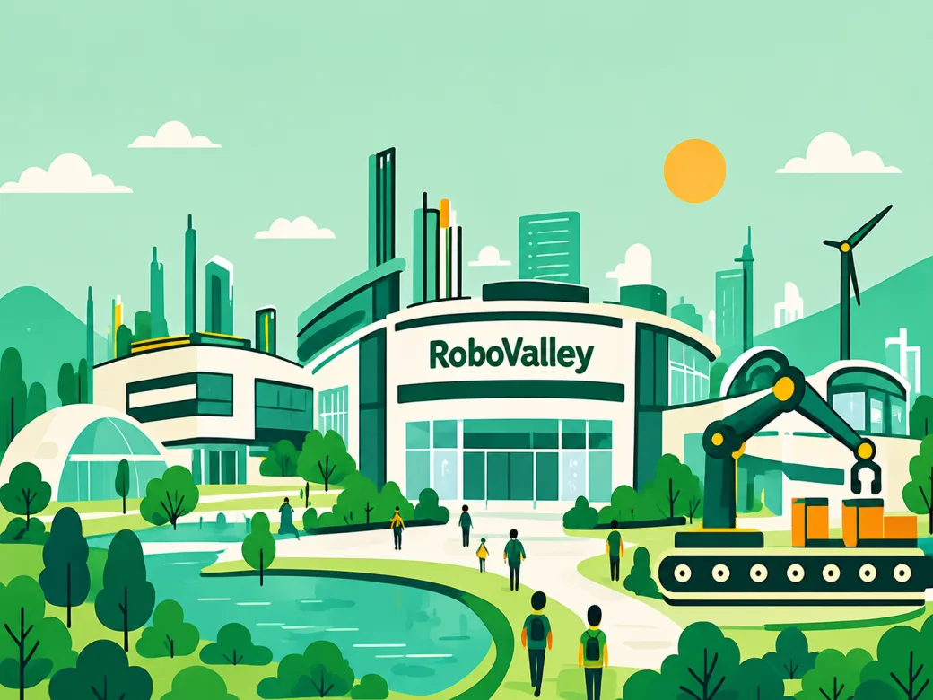 Illustration of the RoboValley campus with buildings, a lake and a robot arm